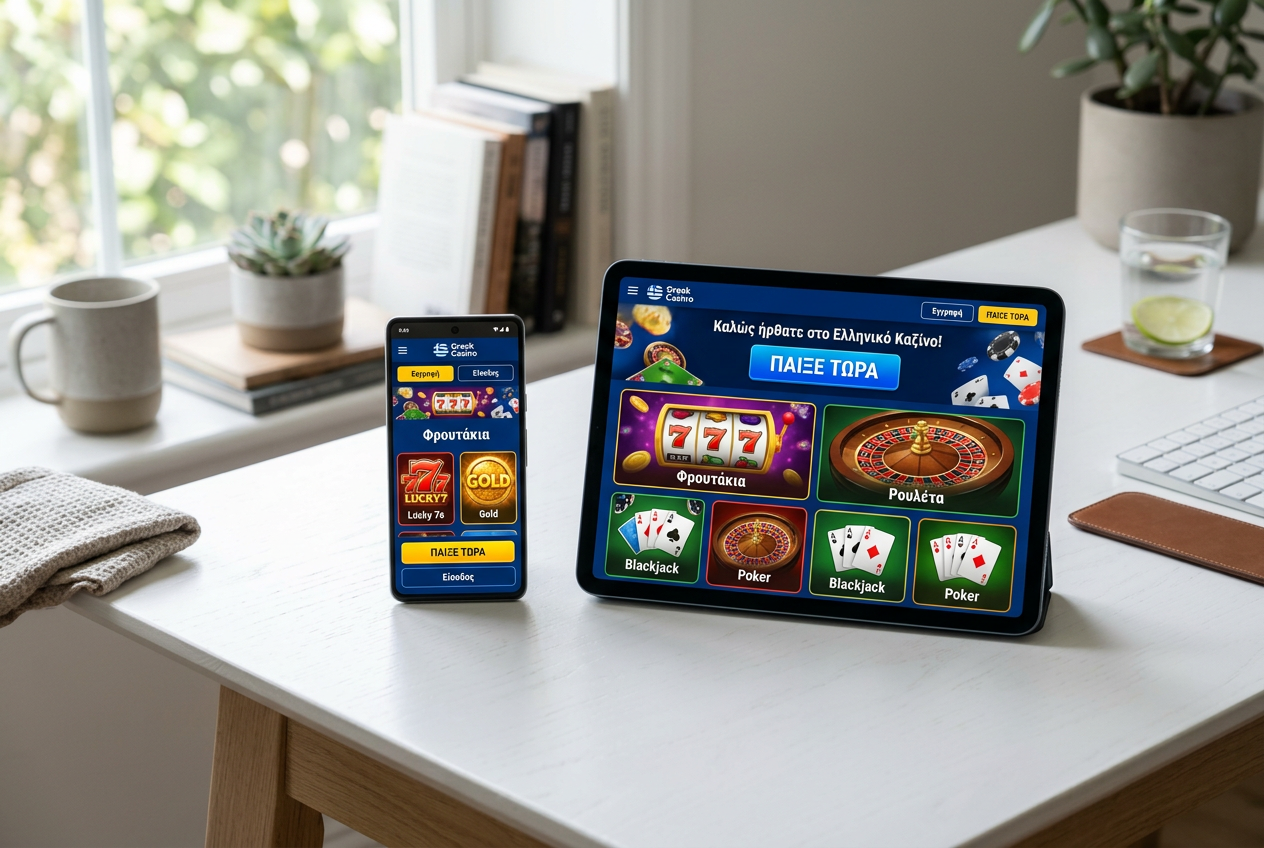 A modern smartphone showing a casino interface in Greek.