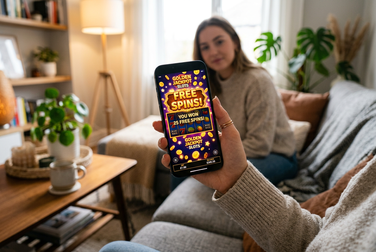 A mobile phone displaying a free spins bonus on an online slot game.