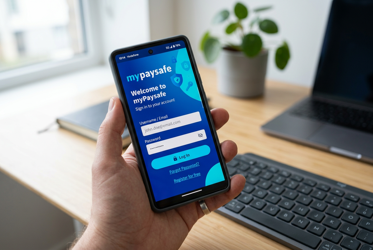 Ένα smartphone που εμφανίζει την εφαρμογή myPaysafe για ασφαλείς συναλλαγές.