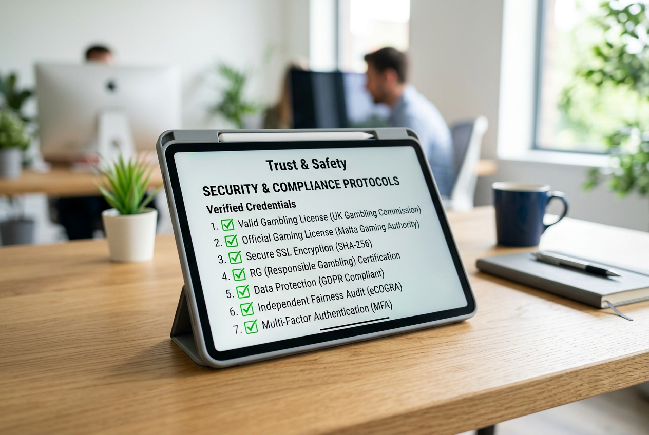 A tablet showing security checkmarks and certificates