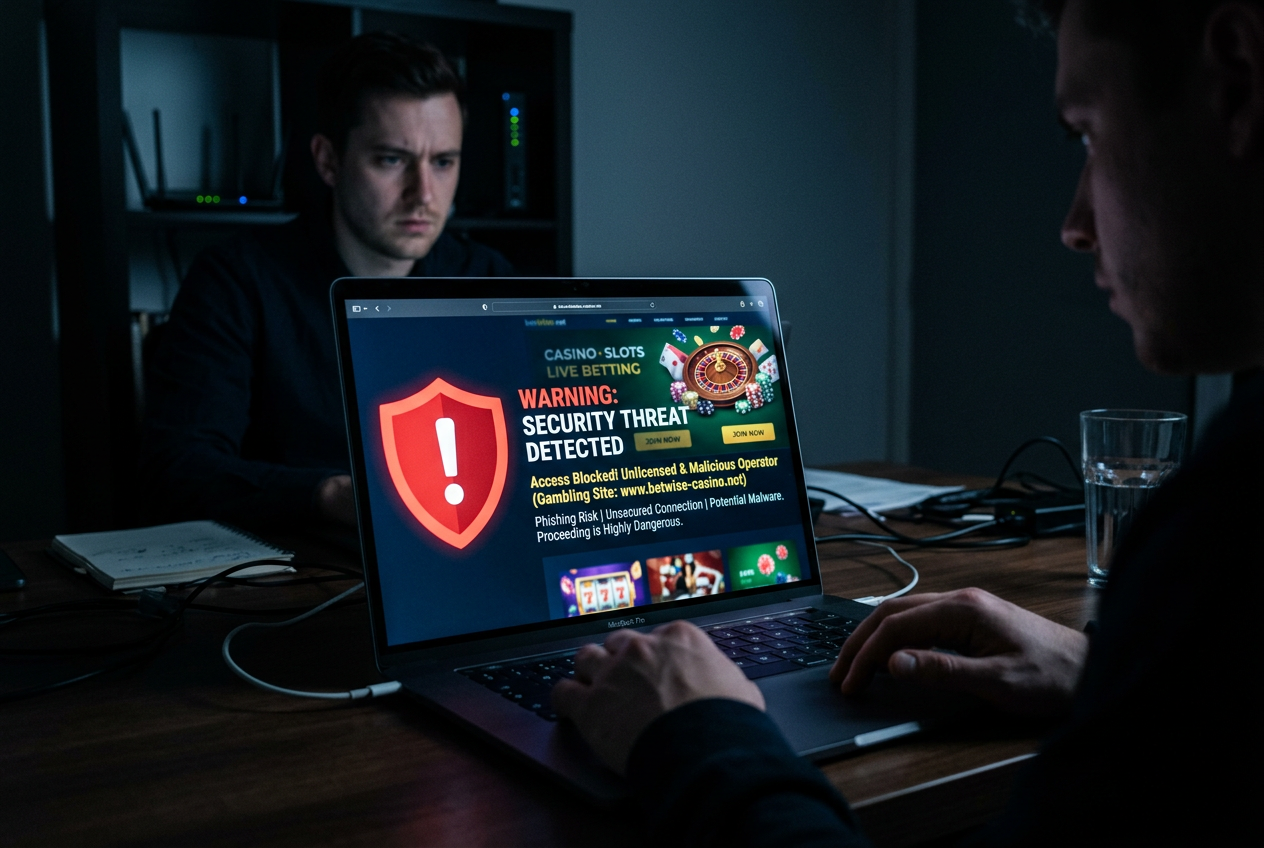 A laptop screen showing a security warning for a suspicious website.