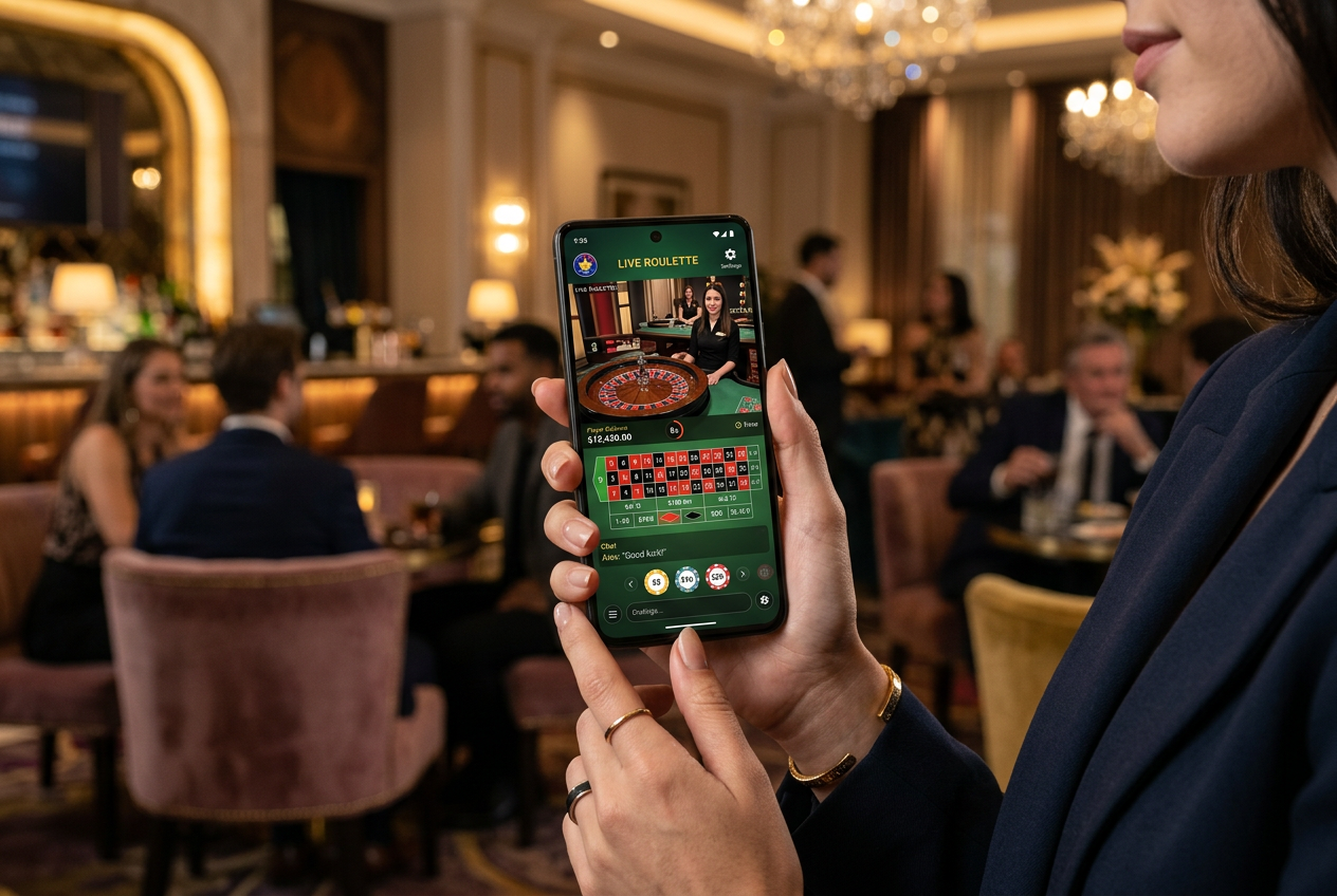 A smartphone displaying a live casino game in a luxury setting